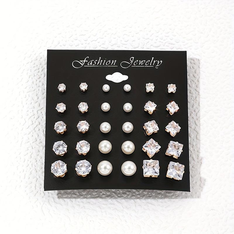 Pair set stud earrings retro pearl stud earrings hot-selling foreign trade geometric six-claw crystal zircon ear jewelry