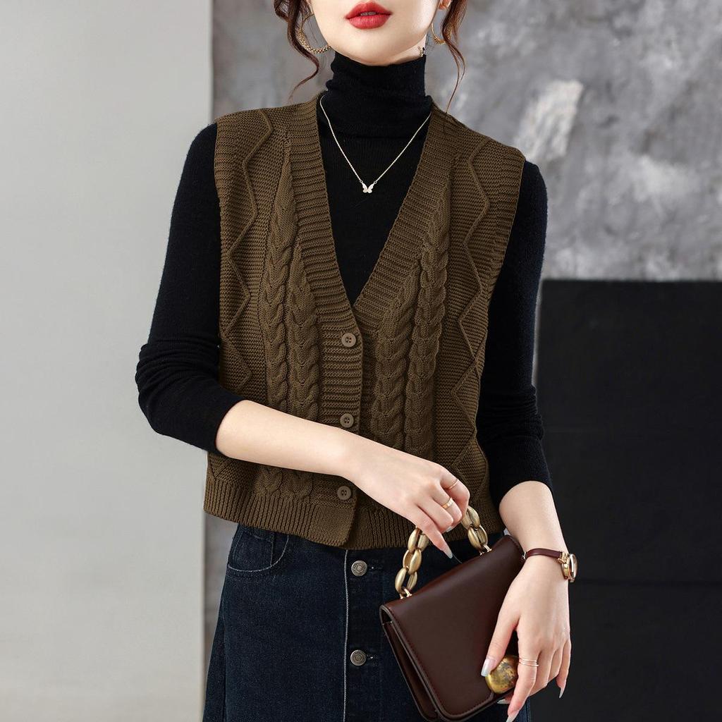 Women's Loose Wool V-Neck Sleeveless Sweater Vest for Autumn & Spring