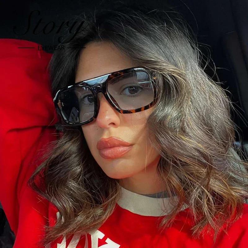 STORY Модные Плоские Сверху Большие Квадратные Солнцезащитные Очки Женские Мужские Новый Дизайнер Трендовые Леопардовые Синие Линзы Оверсайз Солнцезащитные Очки S3917