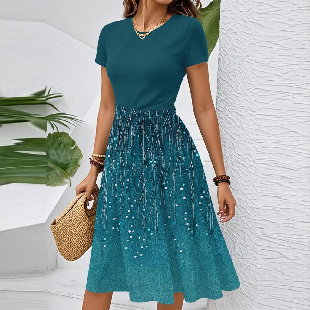 Women's Casual Fashion Belted Floral Print Short Sleeve Round Neck Elegant Dress