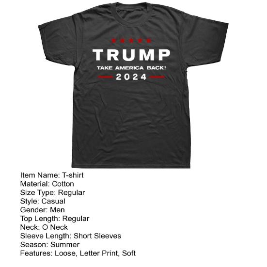 Летняя футболка 2024, выборы президента Трампа с буквенным принтом, индивидуальный круглый вырез, короткие рукава, свободный мягкий дышащий топ для кампании