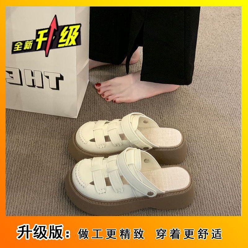 2025 popular hole hole Mori Roman shoes platform half slippers women's summer wear two wear hollow bag head sandals women's models