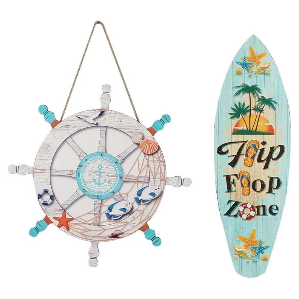 2 Pcs Ocean Beach Hanging Wall Decors Wood Rudder Surfboard Wall Art Bathroom Sign for Living Room