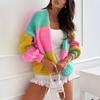 Women's Knitted Cardigan Sweater Autumn Winter Versatile V-neck Rainbow Color Matching Knitted Long-sleeve Sweaters Jacket Women