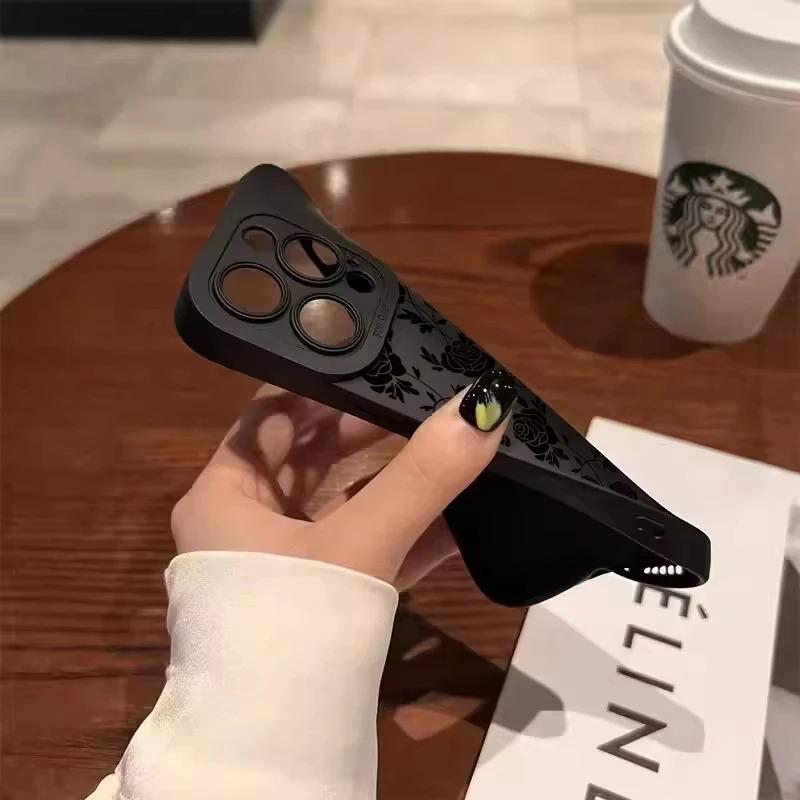 Простой черный мягкий чехол для телефона с принтом в виде розы для iPhone 17 Air 16 Чехлы iPhone 15 Pro Max 16E 14 12 13 11 XS XR X 7 8 Plus