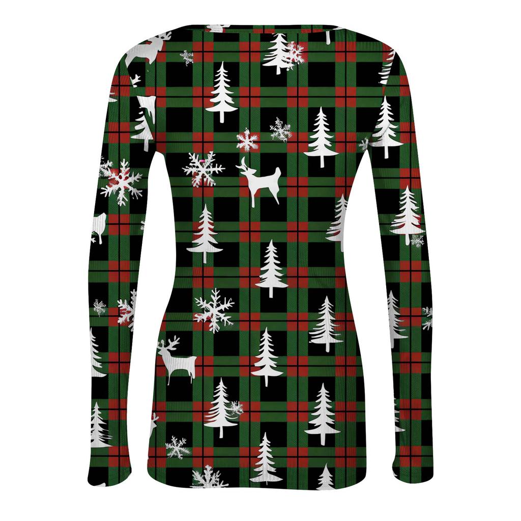 Women's Winter Slim-Fit Base Layer T-Shirt Fashionable Christmas Print V-Neck Pullover Long-Sleeved Top