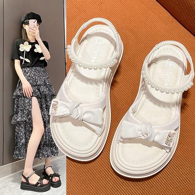 Летние новые босоножки на платформе с бантом, жемчужной эластичной накладкой на ногу, с юбкой, повседневная модная женская обувь
