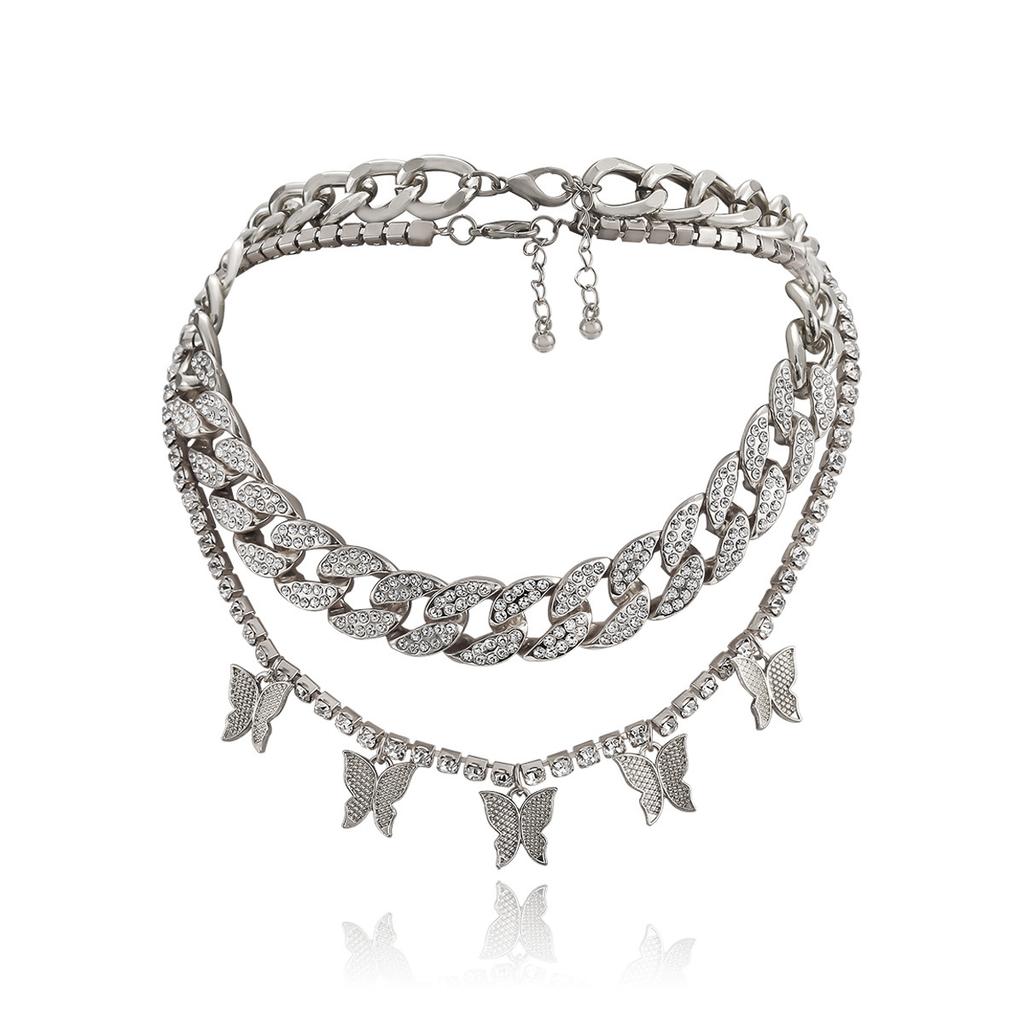 Jewelry, Personalized Handmade Micro-inlaid Exaggerated Thick Chain Necklace, Vintage Cuban Chain Butterfly Fringed Necklace