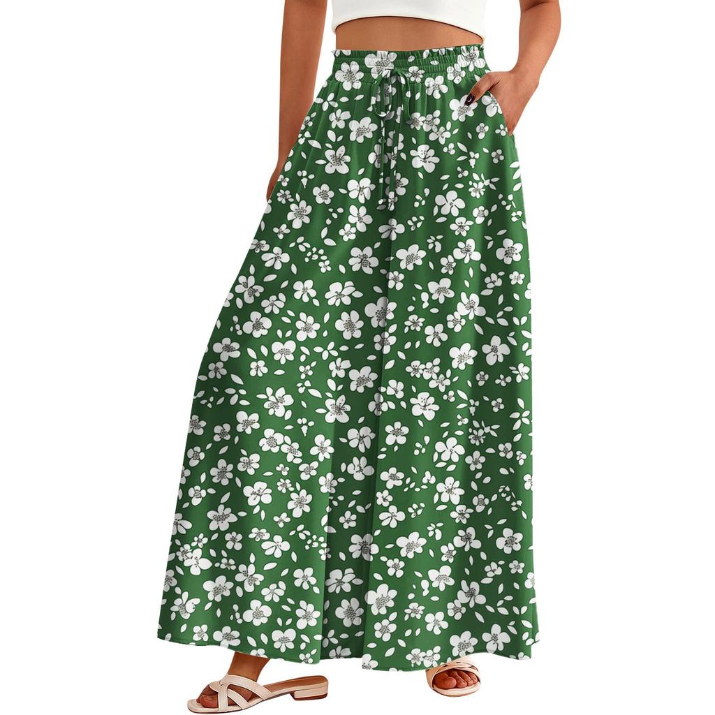 Women's Palazzo Pants Boho Floral Wide Leg Trousers Summer Beach High Waisted Flowy Pants With Pockets
