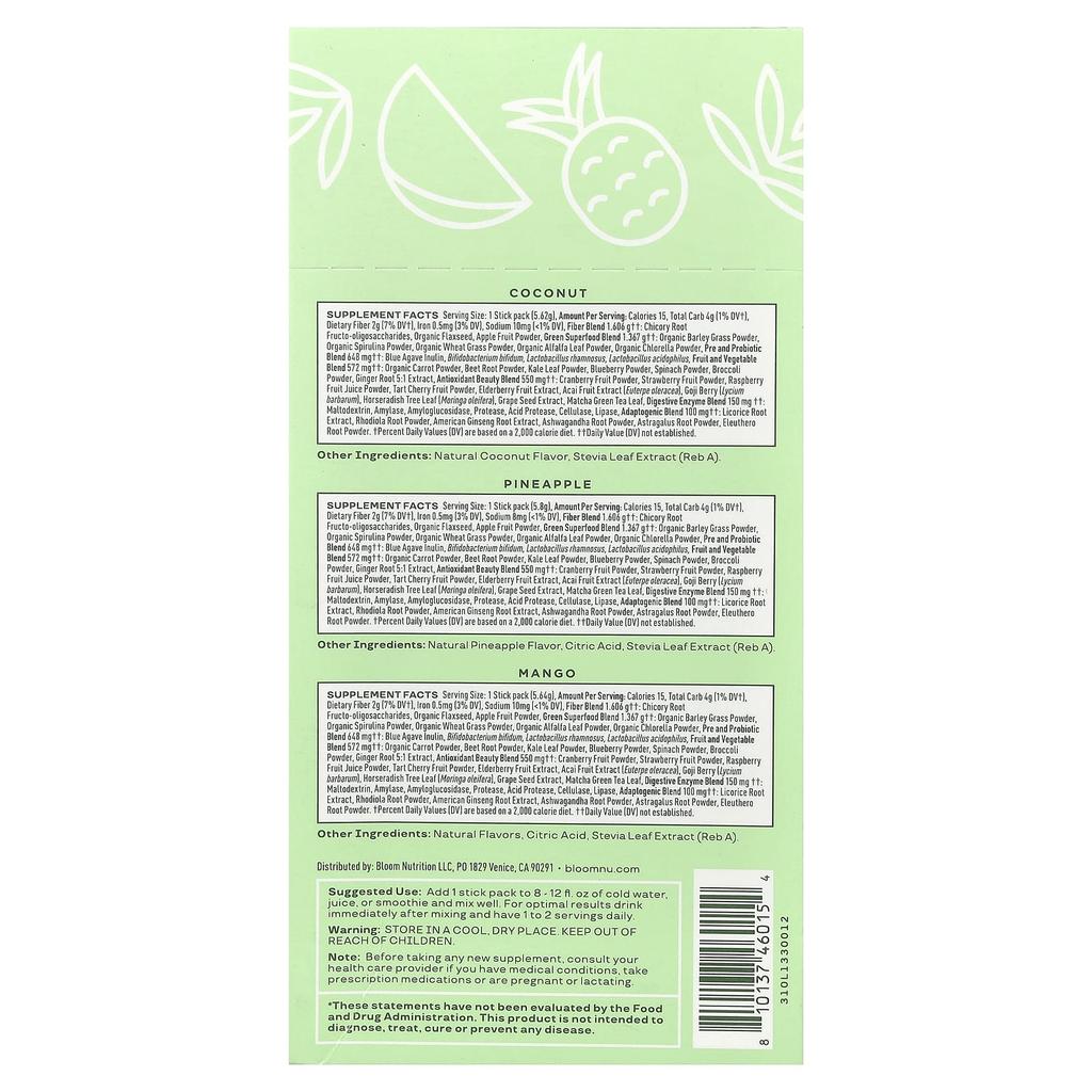 Bloom, Green & Super Food, Tropical Pack, 18 Stick Packs, 3.6 oz (102.36 g)