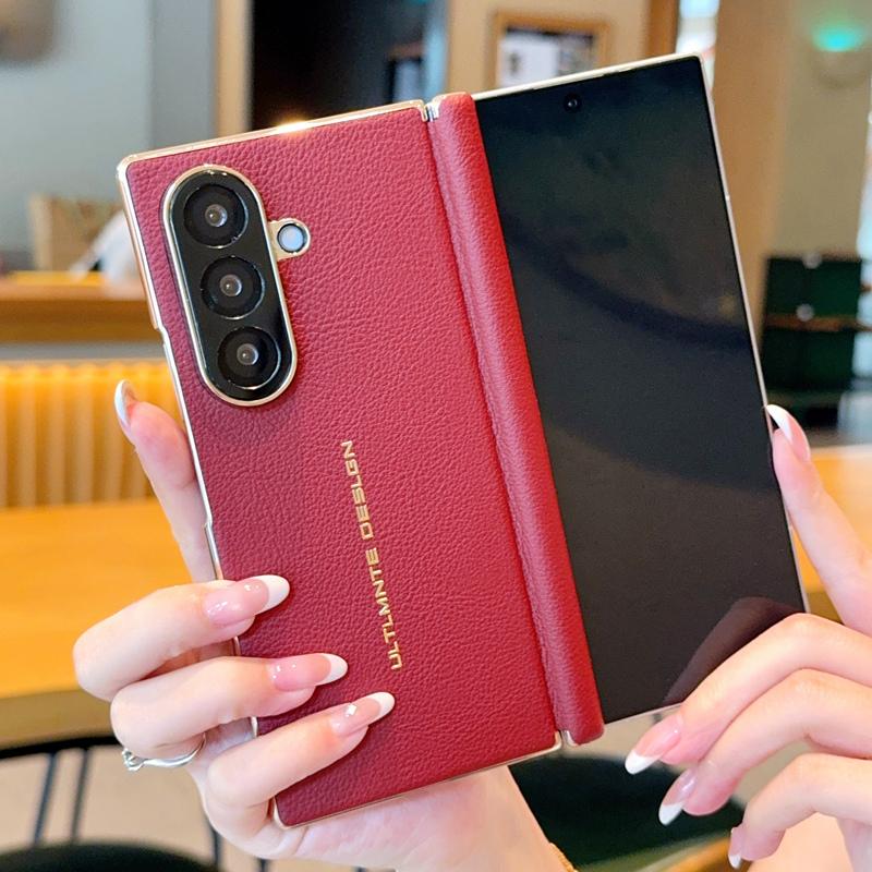 For Samsung Galaxy W25  Dual Central Axis Electroplated Litchi Texture Foldable Shockproof and Fingerprint-Resistant Phone Case