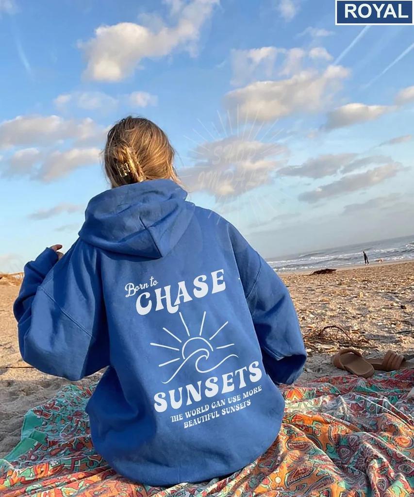 Born To Chase The Sunsets Sleeve Threaded Sweater Print Hooded Sweater Top