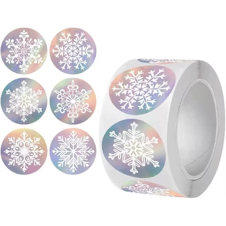 500 Pcs Holographic Snowflake Stickers,Christmas Adhesive Stickers Colorful Round Label Sticker for Envelope Cookie Candy Box (3.8cm)