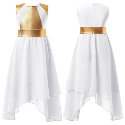 Платья для танцев без рукавов для девочек, круглый вырез, застежка-молния сзади, блестящая бронзовая ткань, платья с неровным подолом