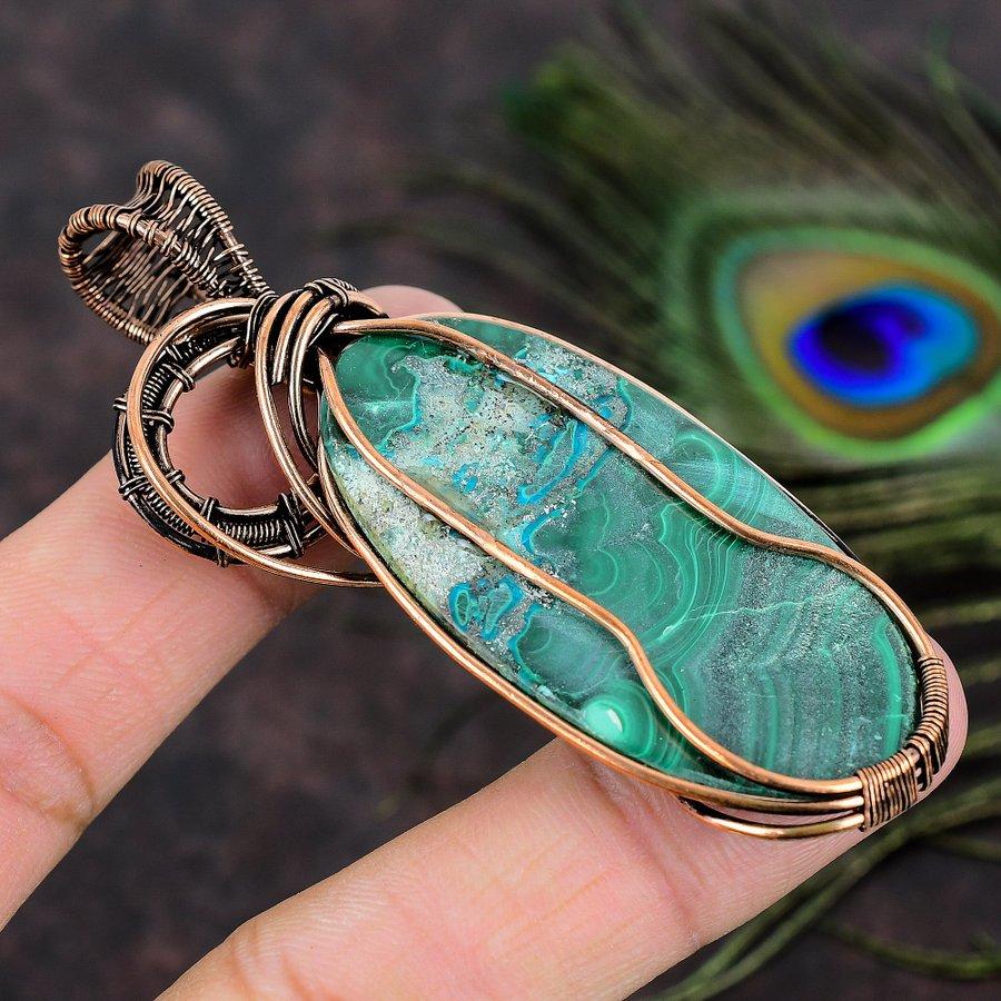 Подарочный кулон ручной работы из медной проволоки из натурального малахита 3,19 J1T84