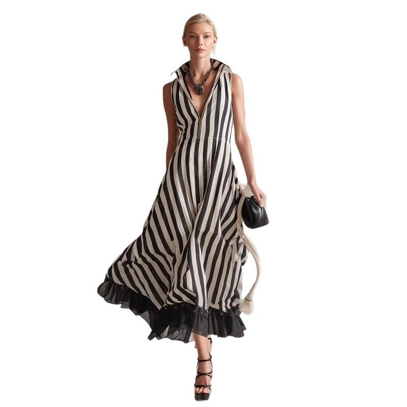 Women's Striped V Neck Sleeveless Maxi Dress Ruffle Hem Loose Summer Vacation Long Dress