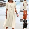 Summer Loose Casual Cotton and Linen Solid Color Round Neck Short Sleeve Mid-length Dress for Women