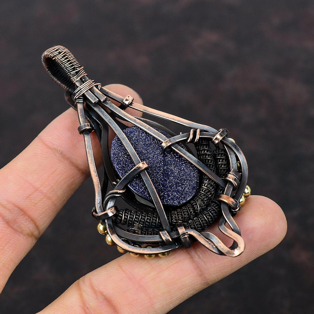 Голубой солнечный камень подвеска медная проволока обернутая ювелирные изделия подлинный драгоценный камень подвеска ручной работы антикварная ювелирные изделия медная проволока обернутая кулон подарок для матери