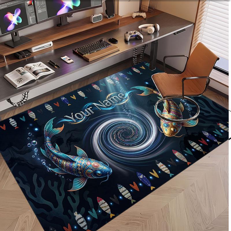 Fish Ocean Theme Soft Crystal Velvet Rug Custom Name & Text Print Non Slip Floor Rug for Bedroom Living Room