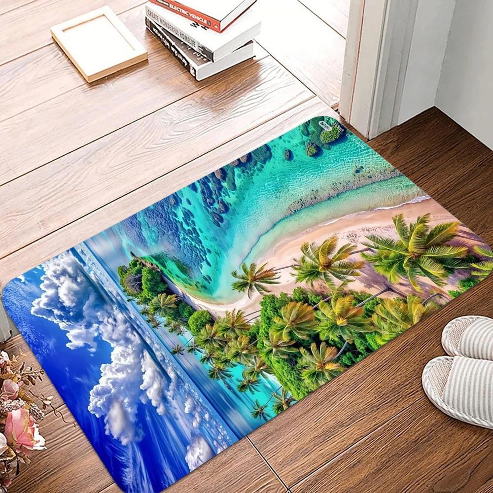 Blue Sky White Cloud Coconut Tree Island Floor Mat Non Slip Entry Rug Living Room Porch Tropical Coast Print Soft Household Mat
