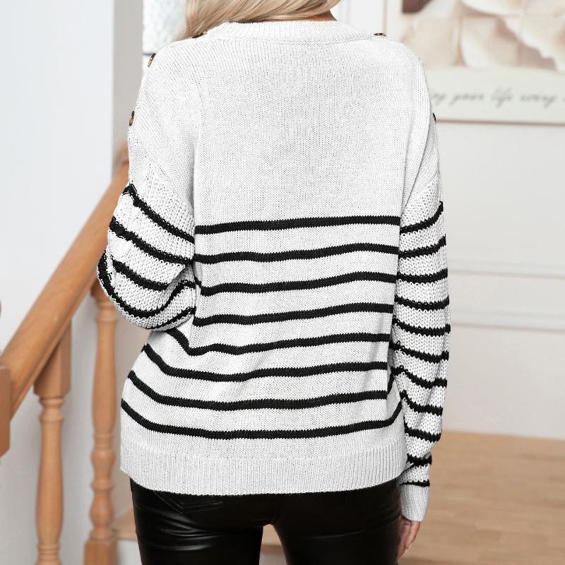 Женский полосатый свитер с длинными рукавами и переплетенными пуговицами в винтажном стиле