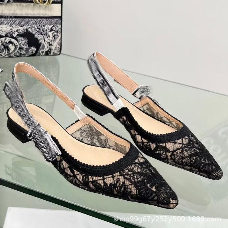 D2024 Весенние кружевные сетчатые туфли на плоской подошве с острым носком: Сандалии с ремешком сзади в стиле феи для женщин