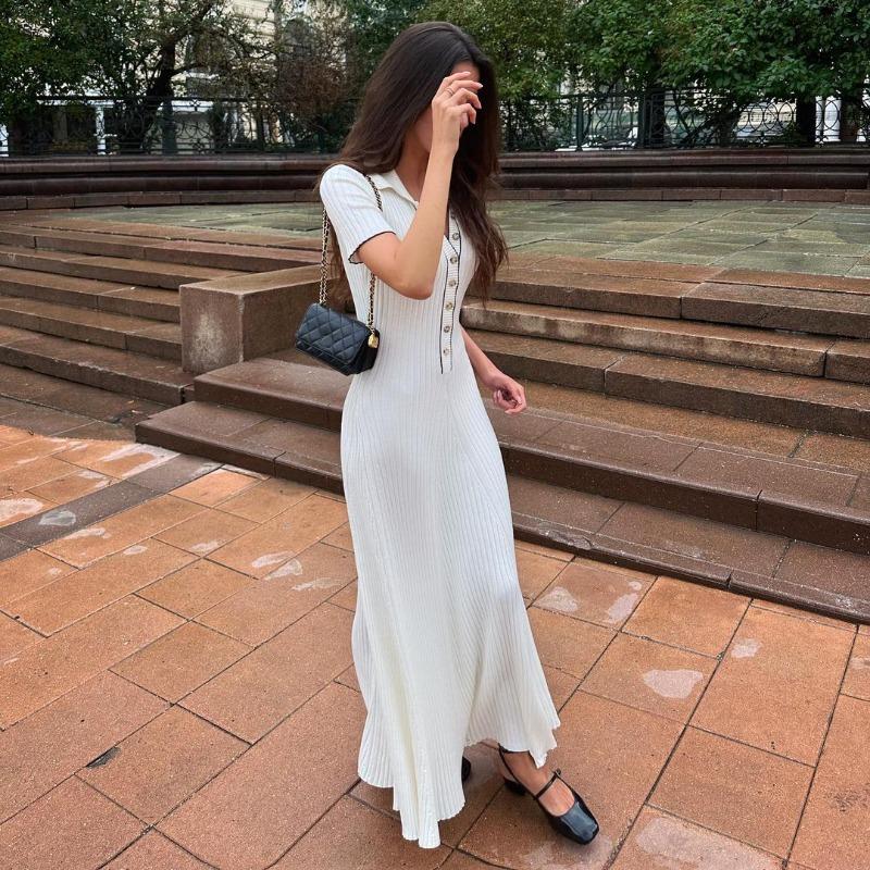 Вязаное платье макси для женщин, повседневное белое облегающее платье с отложным воротником и коротким рукавом, трикотажное платье в рубчик, женское уличное платье