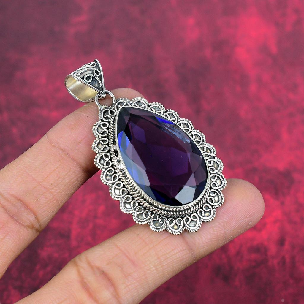 Подвеска с синим сапфиром, подвеска из драгоценного камня ручной работы, подвеска из стерлингового серебра 925 пробы, антикварные ювелирные изделия, для подарка на помолвку