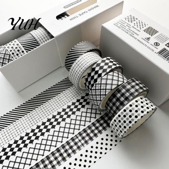 Crafting Washi Tape Rolls 6 Plaid Set, Grid Checkered Pattern Masking Tape, Self Literary Art Style Adhesive Decorative for DIY Crafts, Journal,