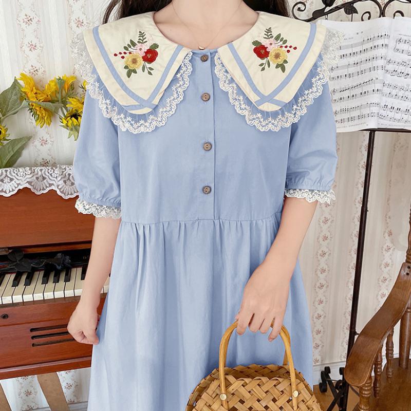 Японское летнее женское милое платье Mori Girl с воротником Питера Пэна, розовое, синее платье с цветочной вышивкой, милые платья Kawaii с кружевными оборками