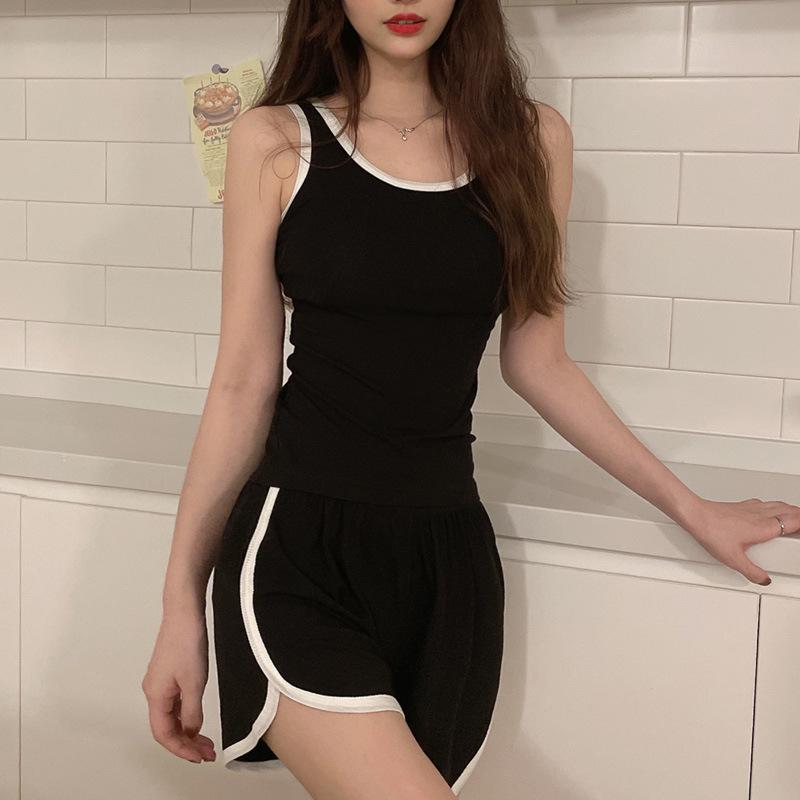 Летний женский пижамный комплект в корейском стиле: Жилет и шорты из модала с нагрудными накладками, подходят для ношения в помещении и на открытом воздухе