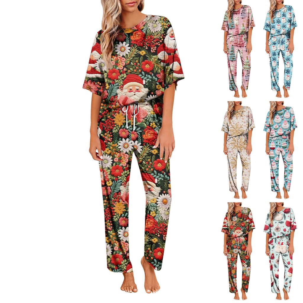 Женский шелковый атласный пижамный комплект с рождественским принтом, рубашка с коротким рукавом и длинные пижамные штаны, мягкая домашняя одежда