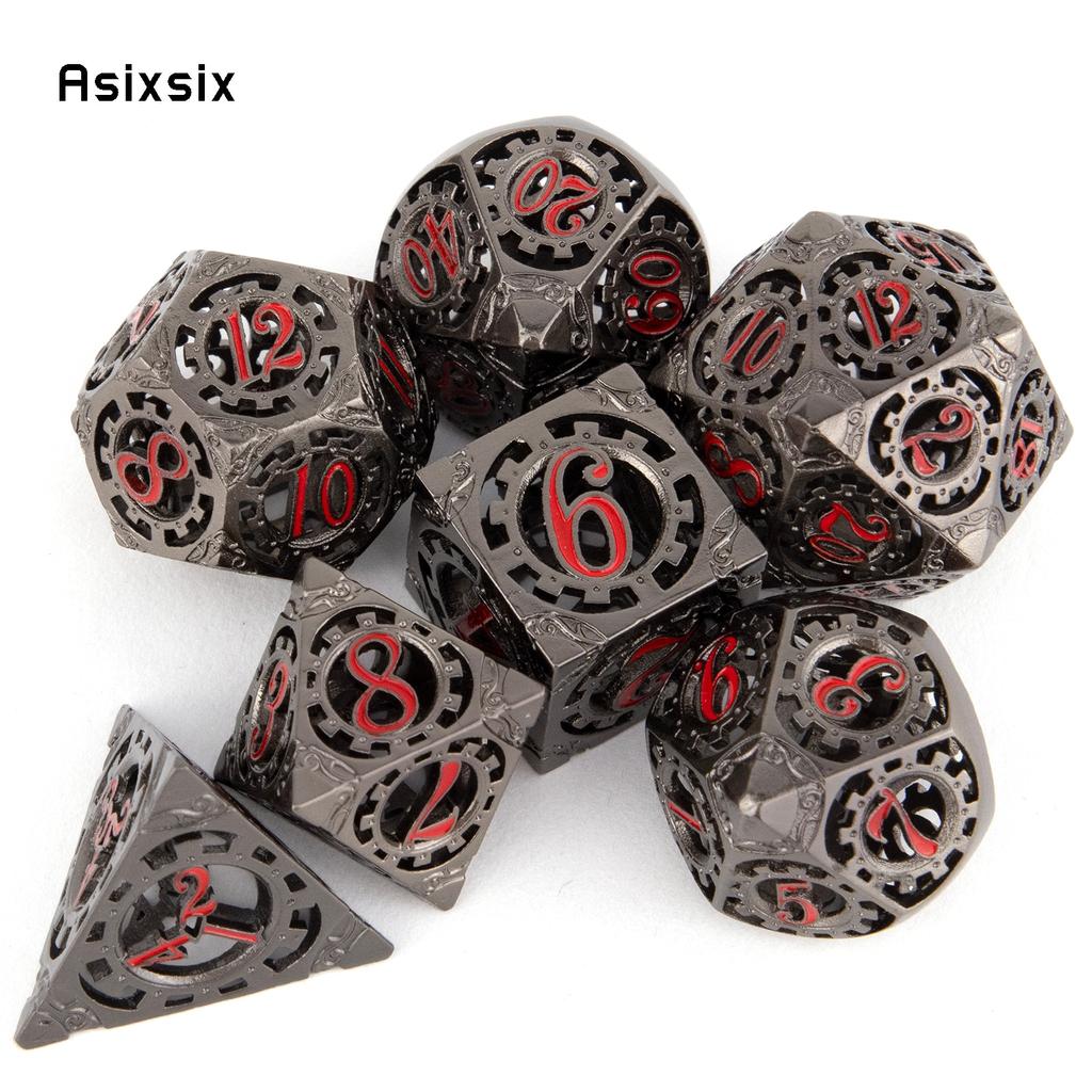7 Pcs Black Red Gear Wheel Metal Dice Hollow Metal Polyhedral Dice Set Suitable for Role-Playing RPG Board Game Card Game