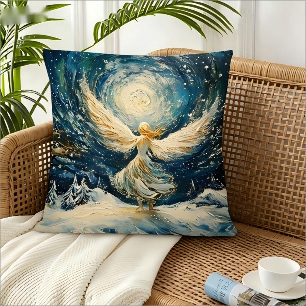 Blue Starry Night Angel Print Throw Pillow Cover, Winter Christmas Oil Painting Decorative Cushion