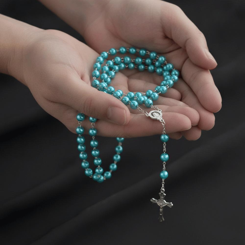 Imitation Pearl Rosary Beads Pendant Chain Vintage Style Religious Pendants Catholic Rosary