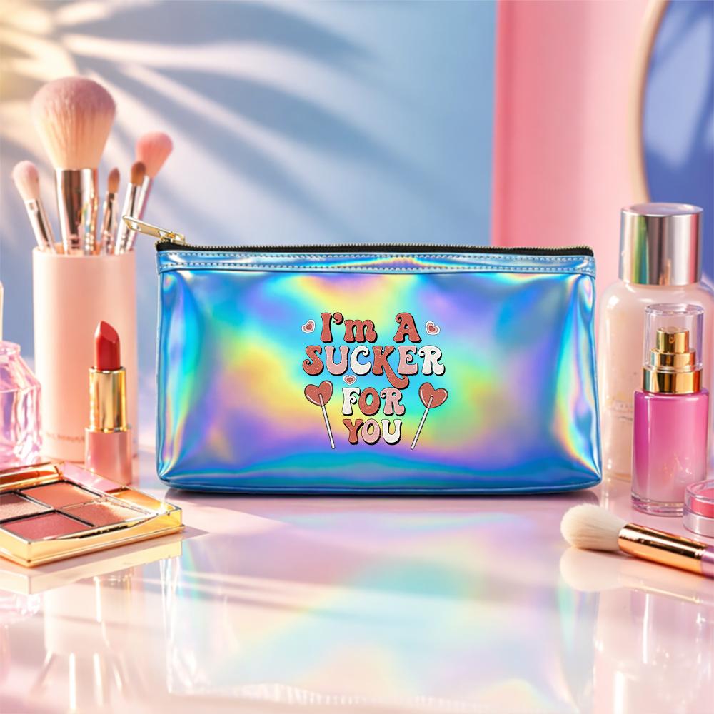 Retro Aesthetic Heart Lollipop Print Laser Cosmetic Makeup Bag, Holographic Travel Toiletry Organizer Pouch for Girls Women Daily Gift