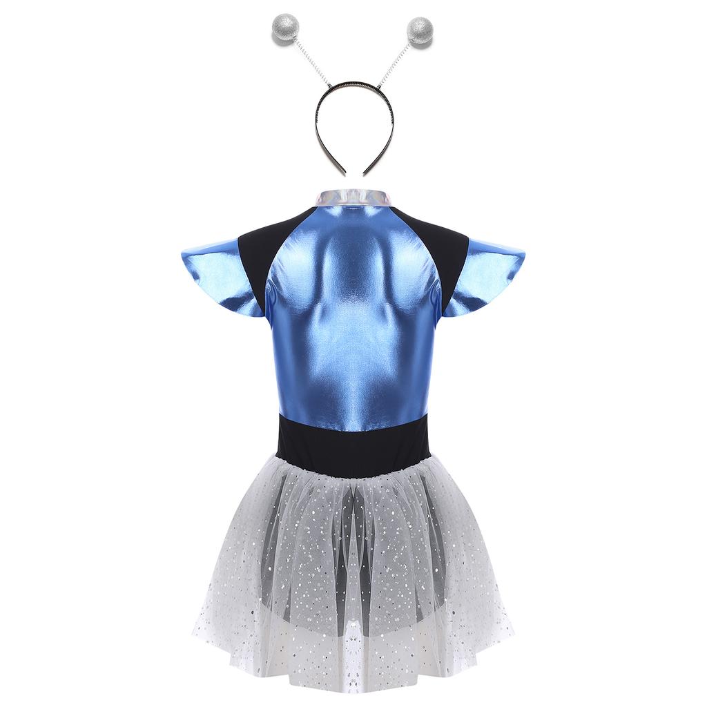 Womens Space Cadet Costume Fly Sleeve Front Zip Sequined Tulle Skirt Boyshorts Spaghetti Jumpsuit with Silver Hair Hoop Headband for Alien Astronaut