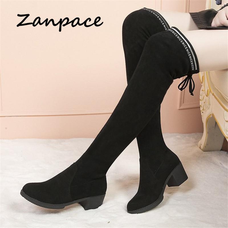2019 Flock Thigh High Boots High Heels High Heels с бархатной подошвой, женские зимние повседневные сапоги выше колена на эластичной подошве