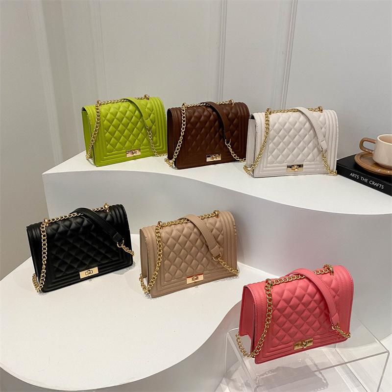 Fashionable Trend Chain Lock New Diamond Indentation Women's Korean Version Simple Crossbody Single Shoulder Small Square Bag Trendy
