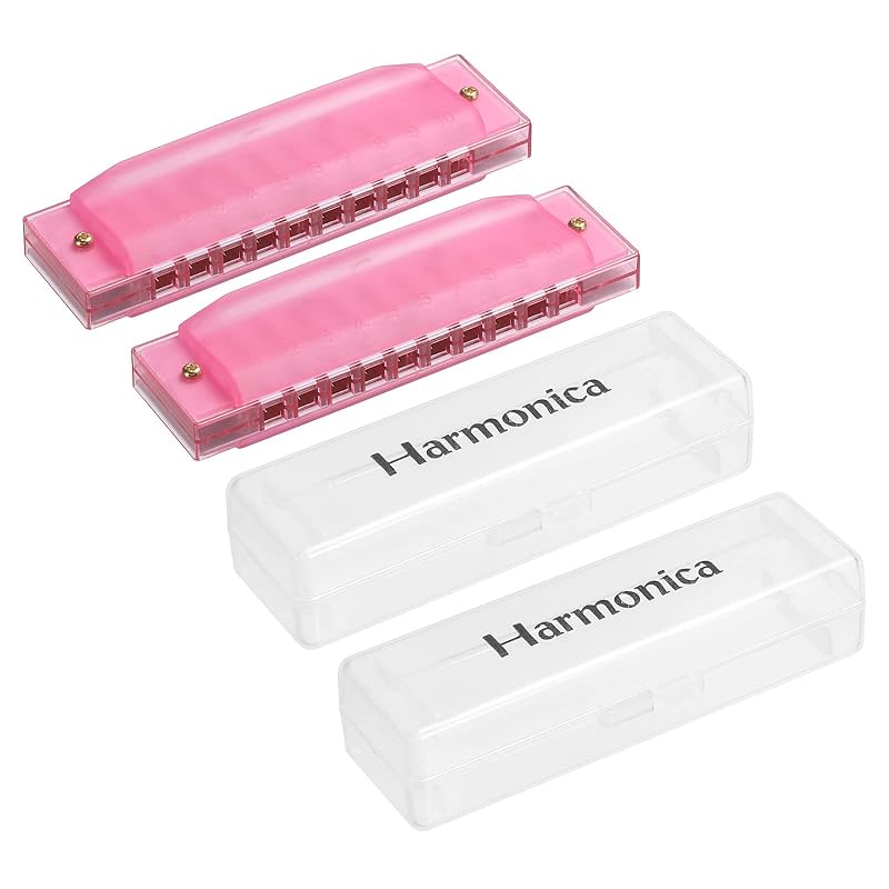 PATIKIL Clear Variety Translucent Harmonica 10 Holes Pink ABS Harp Mouth With PVC Box Musical Instrument Beginner Adult Education 2 Pieces