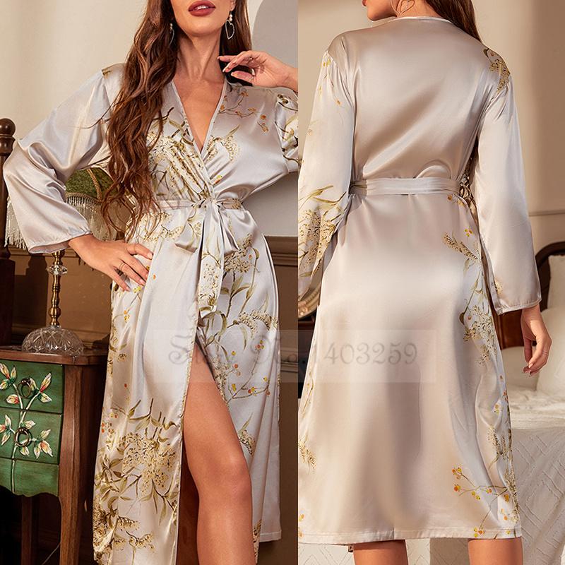 Черный Цветочный Принт Длинный Халат Ночная Рубашка Шелковый Сатин Женская Одежда для Сна Ночная Рубашка Весна Жаркий Сезон Свободный Кимоно Халат-Банное Полотенце Домашняя Одежда