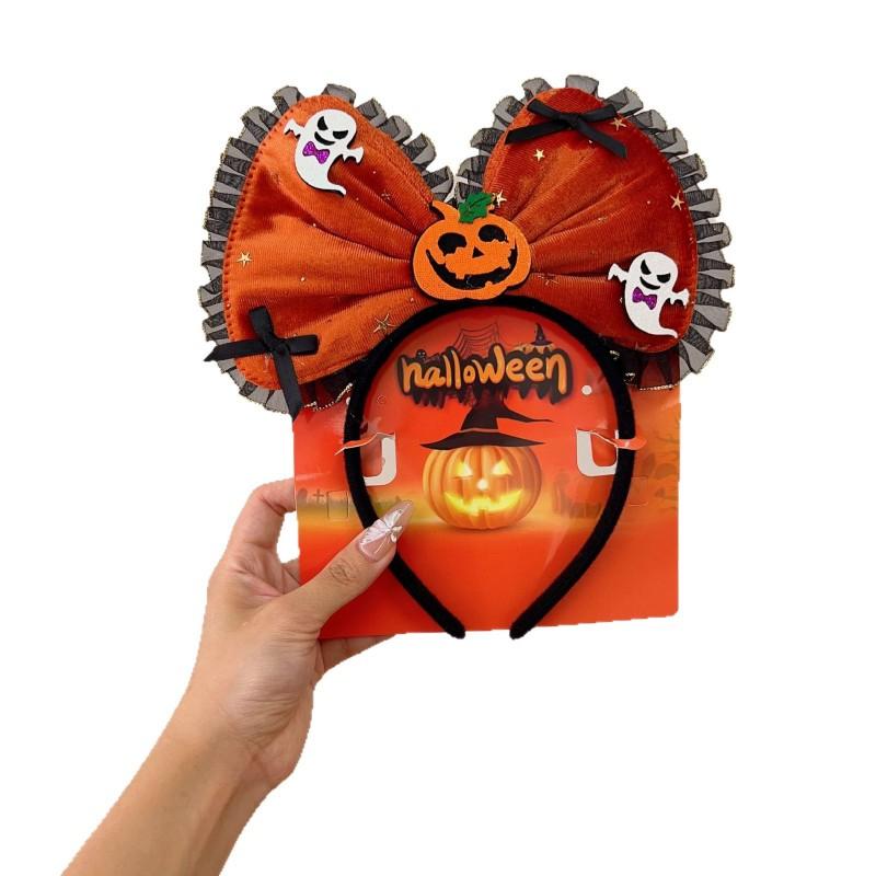 Halloween Headband Pumpkin Ghost Bat Mesh Bow Party Costume Hair Accessory Women