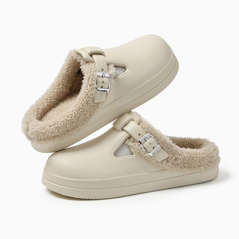 Модные зимние теплые меховые клоги-тапочки для женщин, водонепроницаемые нескользящие домашние тапочки из ЭВА, женская обувь для дома и улицы, толстые плюшевые хлопковые туфли