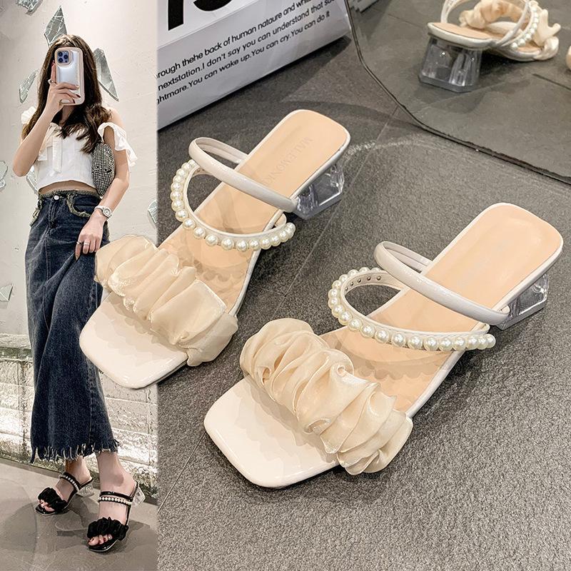 Two Wearing Sandals Female 2025 Summer New Internet Celebrity Fairy Wind Thick Heel Non-slip Outer Wear Crystal High Heel Cool Slippers