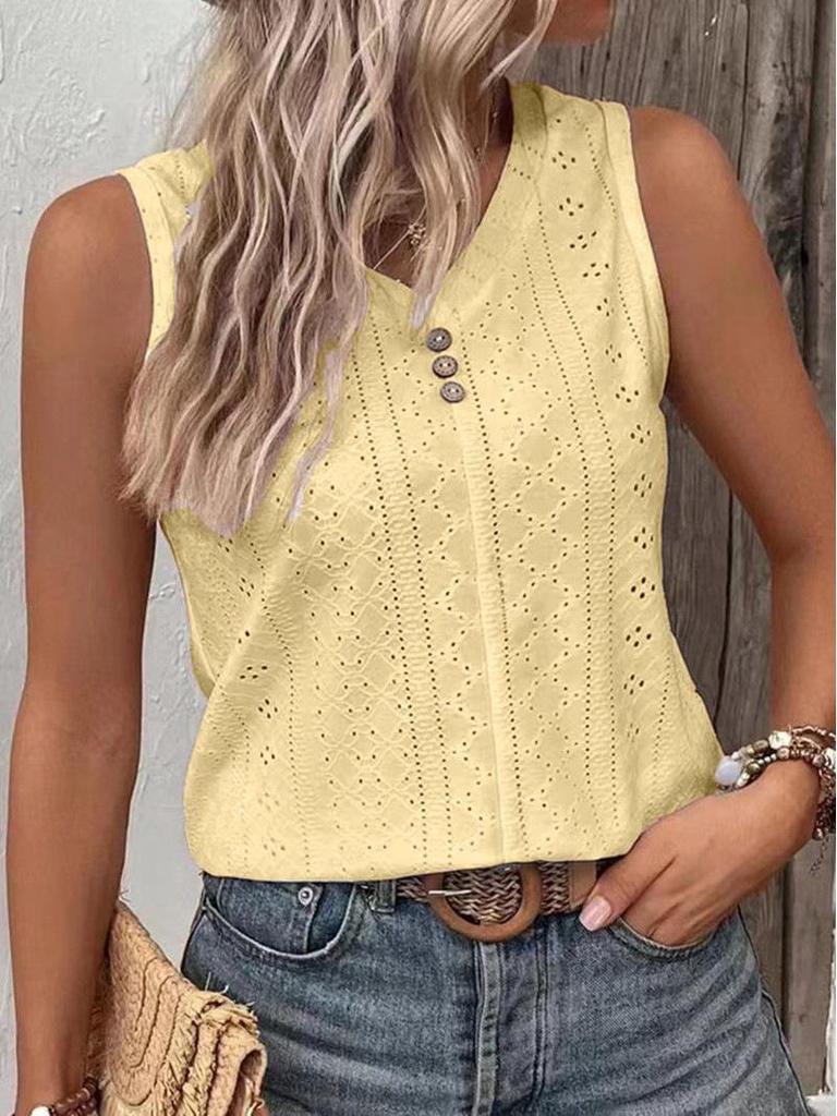 New European and American 2023 Summer Women's Solid Color Casual Round Neck Buttoned Vest T-shirt.