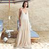 Lady Beach Dress Deep V Neck A-line Patchwork Pleated Backless Sleeveless Loose Vacation Strappy Dress Resort Wear Maxi Dress