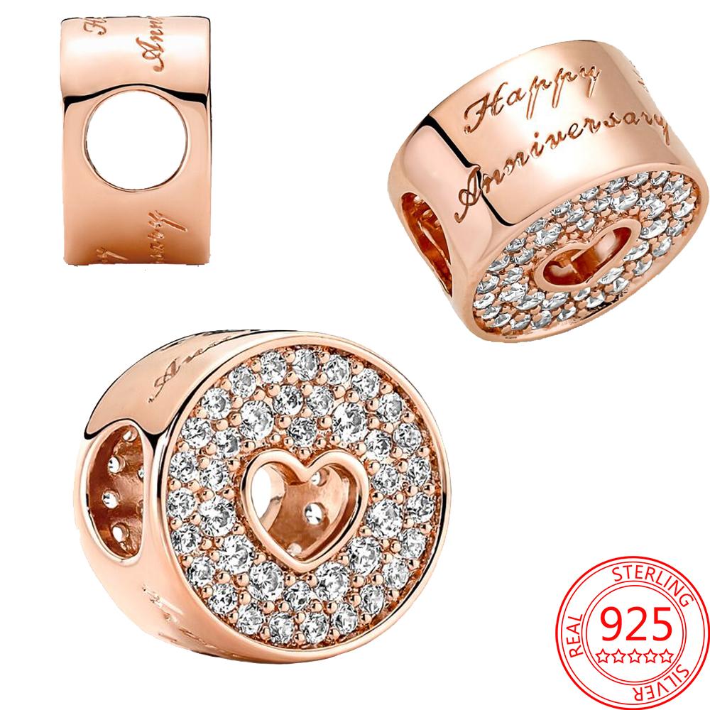 Аутентичное серебро 925 пробы, розовое золото, круглый вырез с паве и сердцем, подвеска на годовщину, подходит для модного браслета, ювелирные изделия, подарок на выпускной
