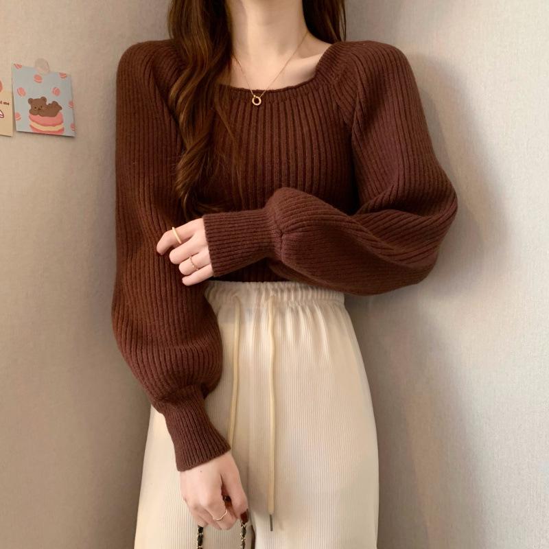 Высококачественный свитер с пышными рукавами и квадратным вырезом - Осенне-зимний приталенный универсальный топ