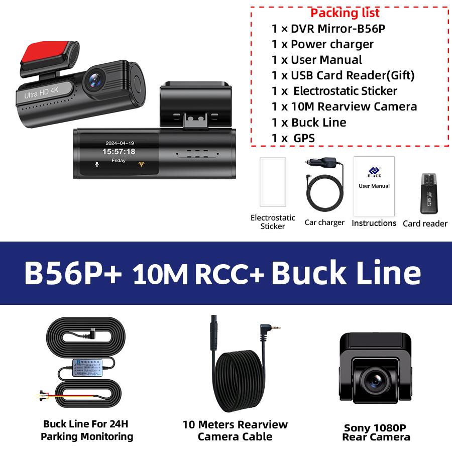 Dash Cam 4K Camera Driving Recorder 1080P Rear Camera Supports GPS WIFI 24H Parking Night Vision Monitoring Black Box