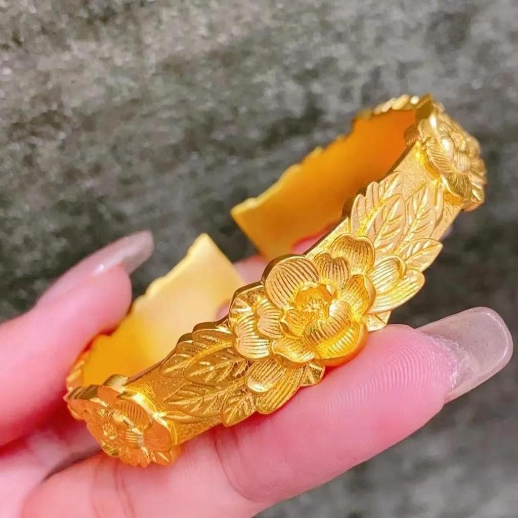 Золотой браслет-манжета в древнем стиле с резьбой пионов - Свадебный браслет «Двойное счастье»